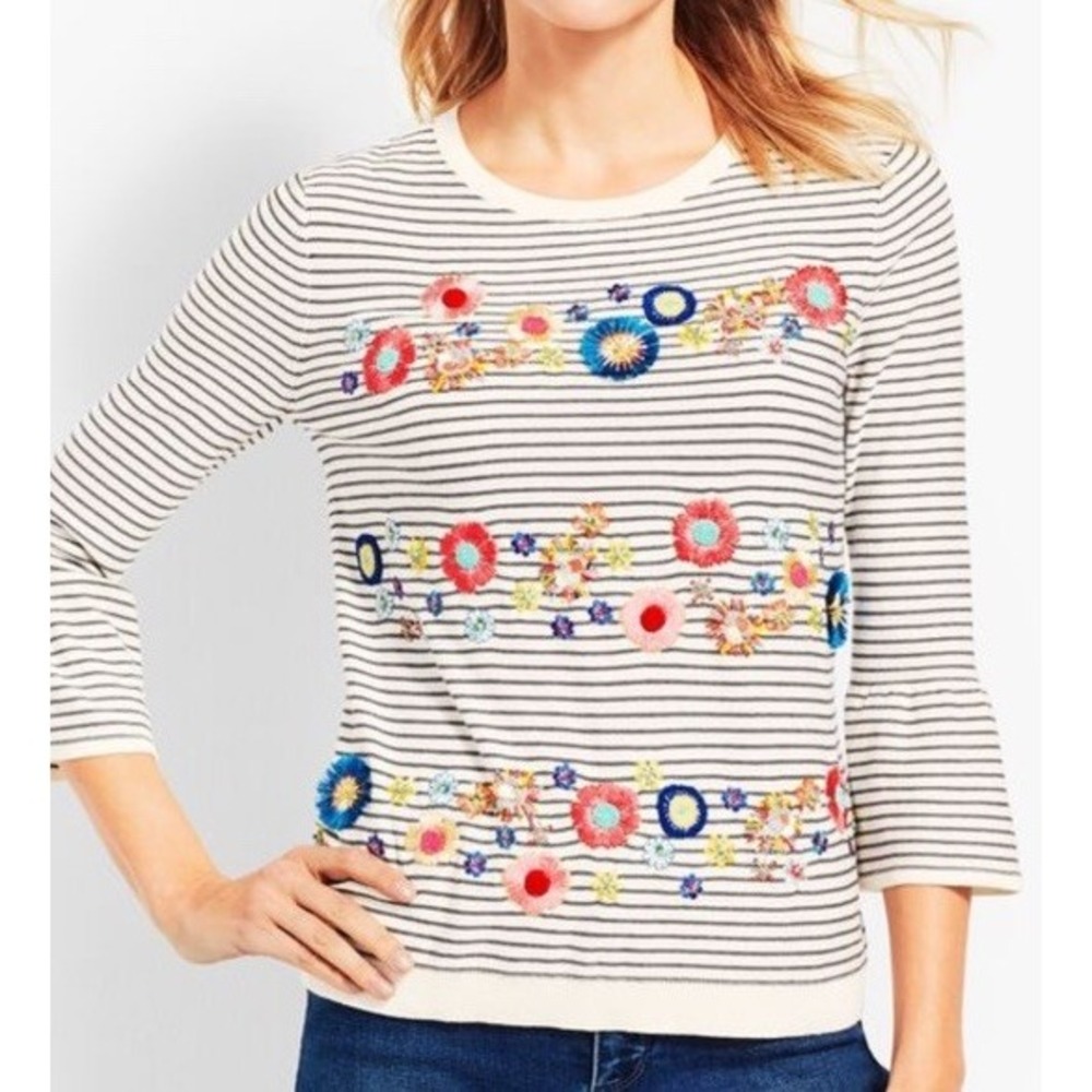 Talbots Beaded Embroidered Floral Navy Ivory‎ Striped Crew Neck Sweater 2X XXL